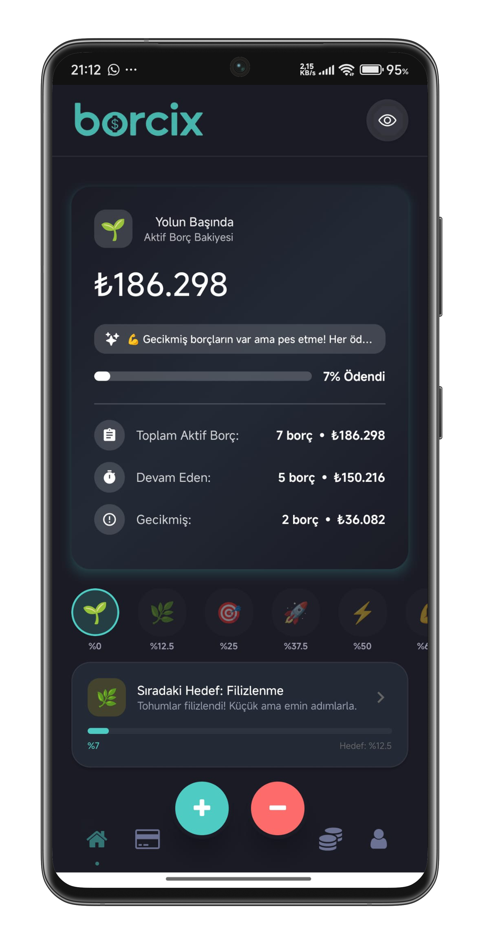 Borcix ana ekran görüntüsü (Karanlık Tema)