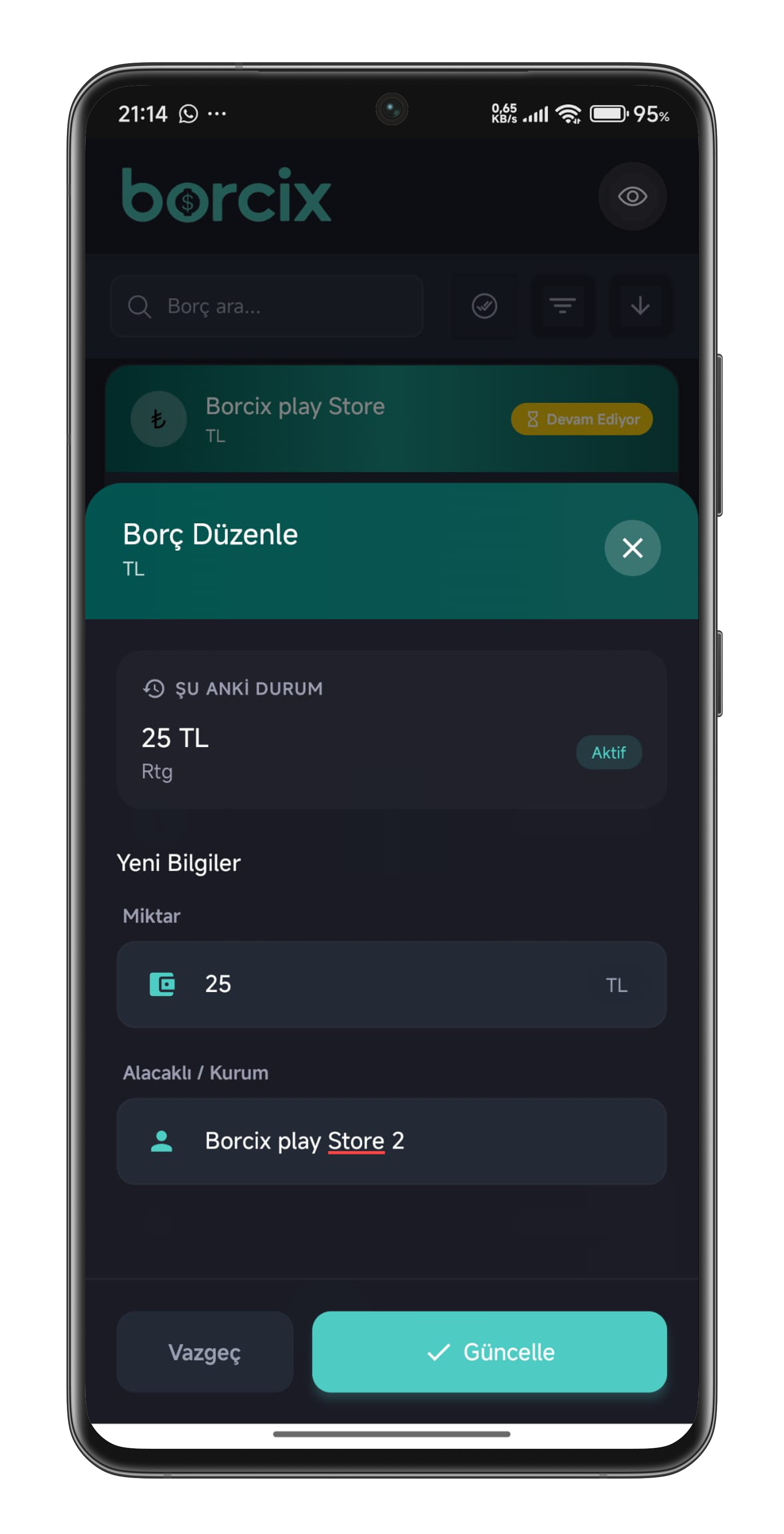 Borcix borç düzenleme ekranı