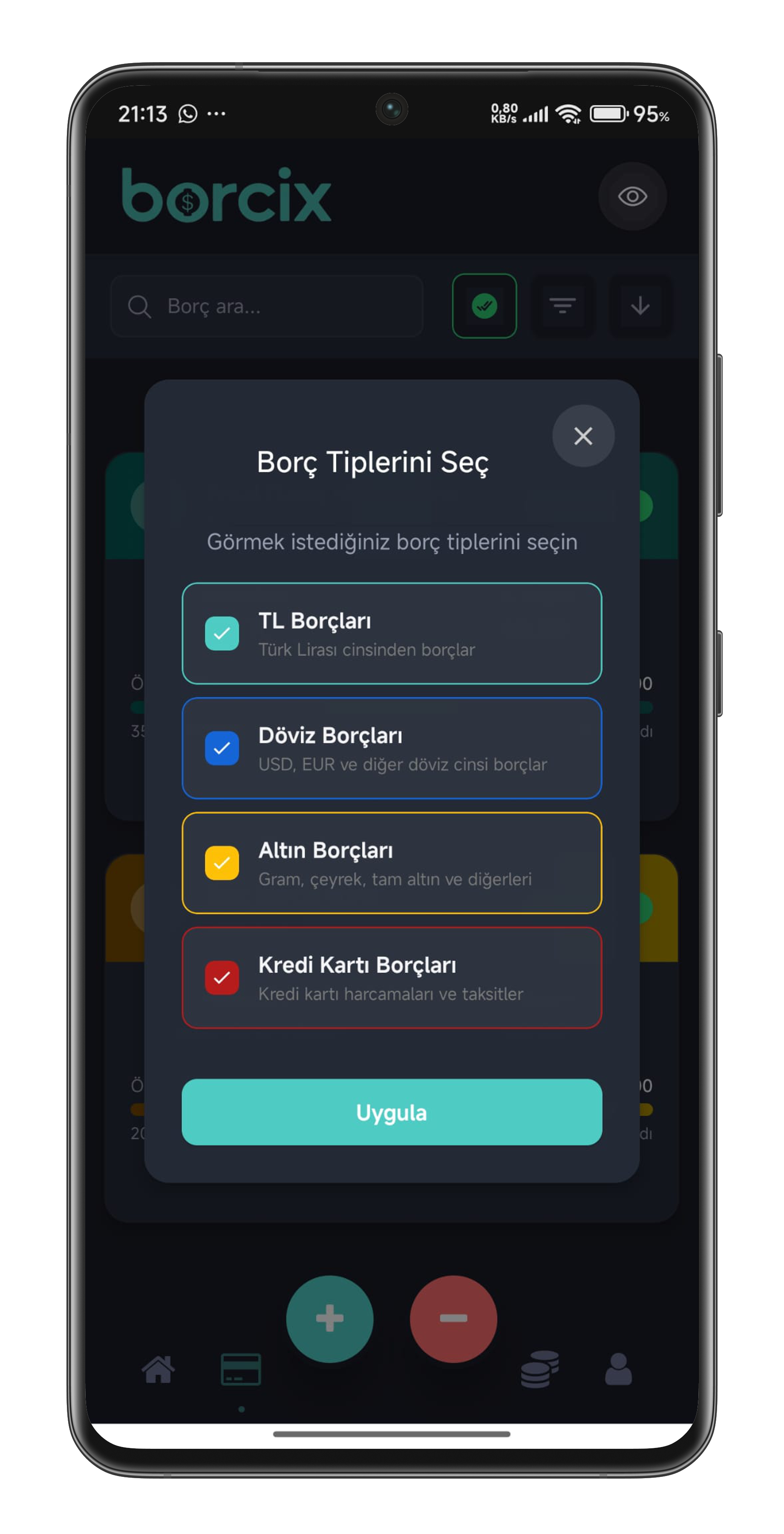 Borcix borç filtreleme ekranı