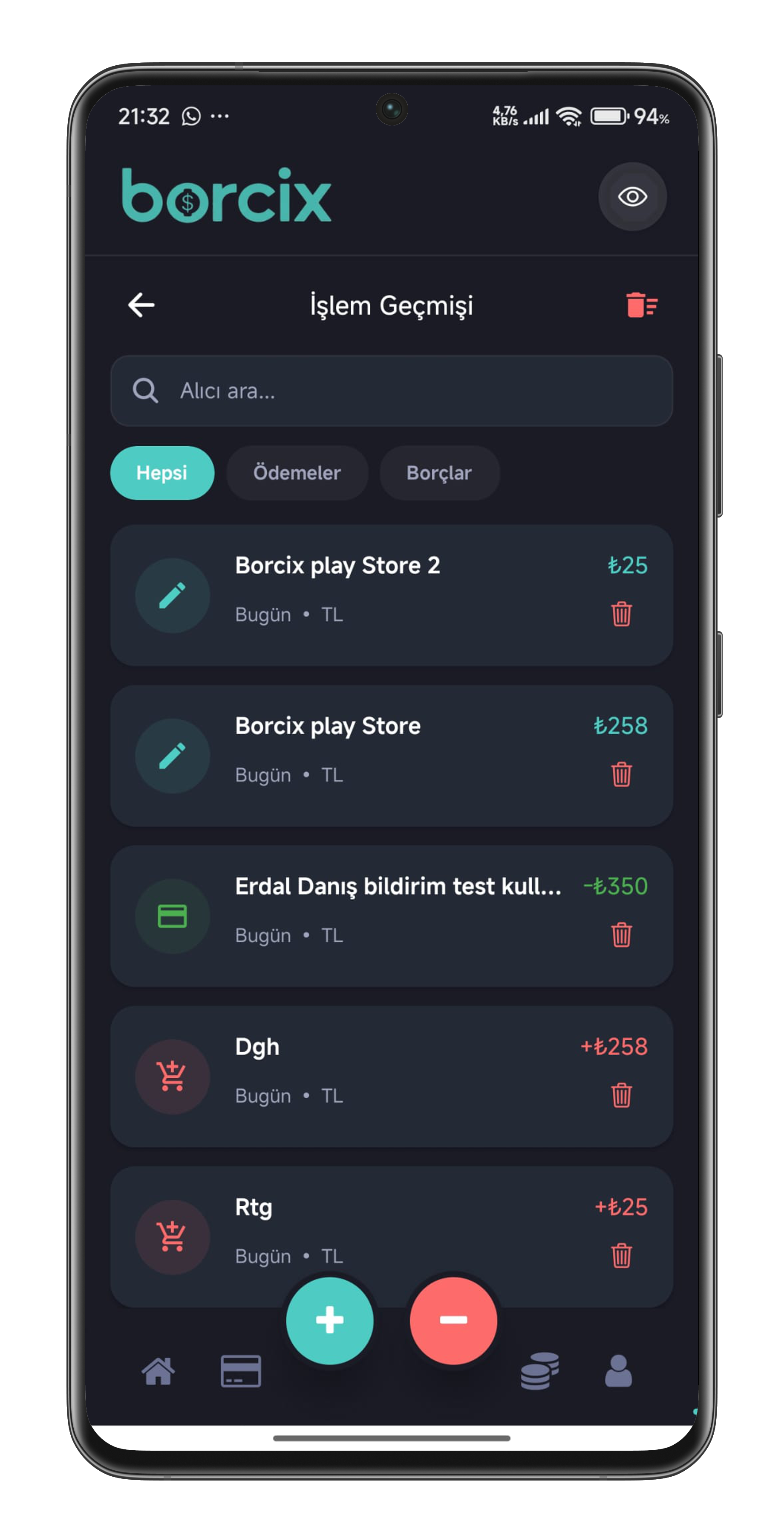 Borcix işlem geçmişi ekranı (Karanlık Tema)