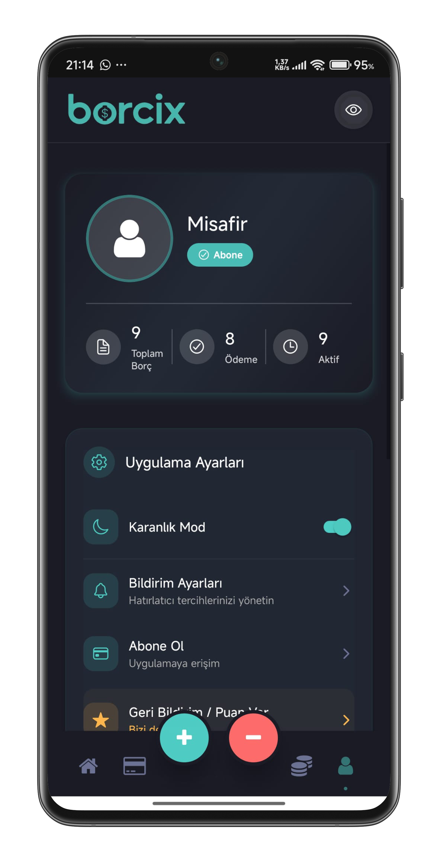 Borcix profil ekranı (Karanlık Tema)
